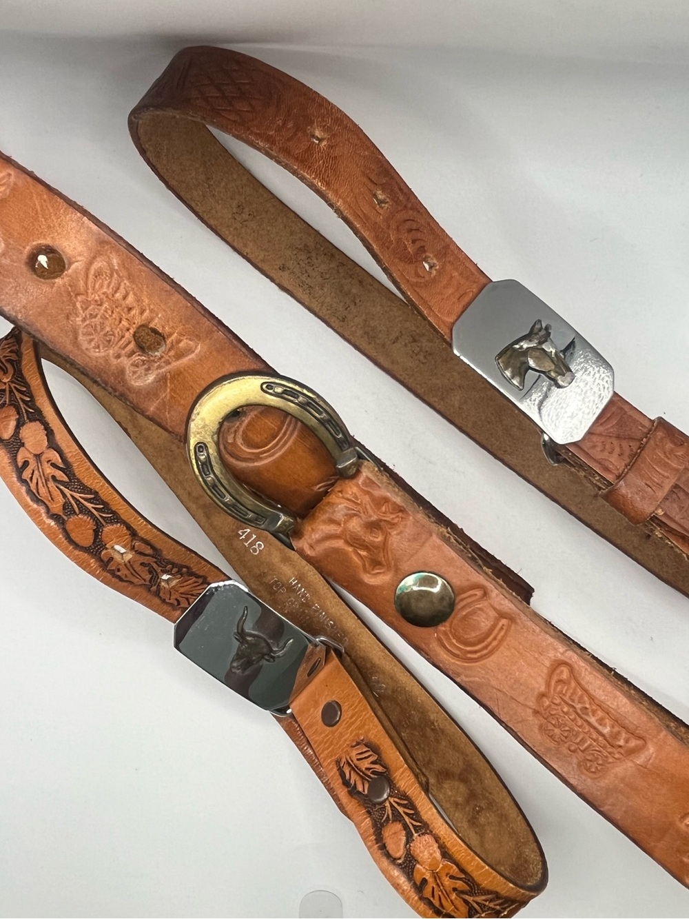 Lot of 3 vintage tooled leather belts xxs xs or kids